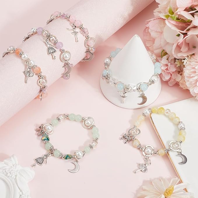 SUNNYCLUE 1 Box 280pcs DIY 6 Sets Glass Bead Bracelet Making Kit Dancer Charms Ballet Dance Bowknots Moon Light Sea Green Electroplate Butterfly Bead With Silver Heart Frame For Jewelry Making Starter