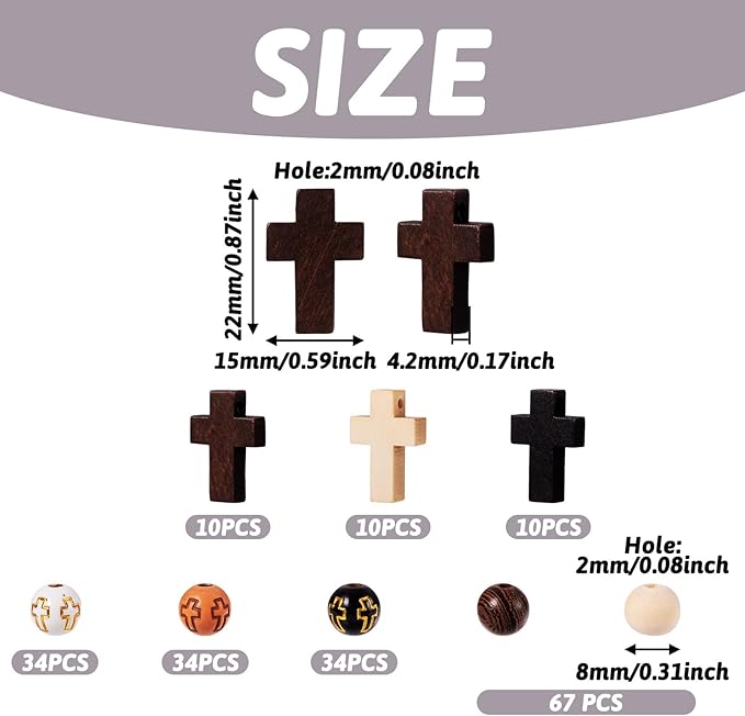 Beadthoven 211pcs/Box Rosary Making Kit, Wood Cross Beads 8mm Acrylic Cross Round Beads Spacers Easter Crucifix Cross Charms for Bracelet Jewelry Making Kit DIY Crafts