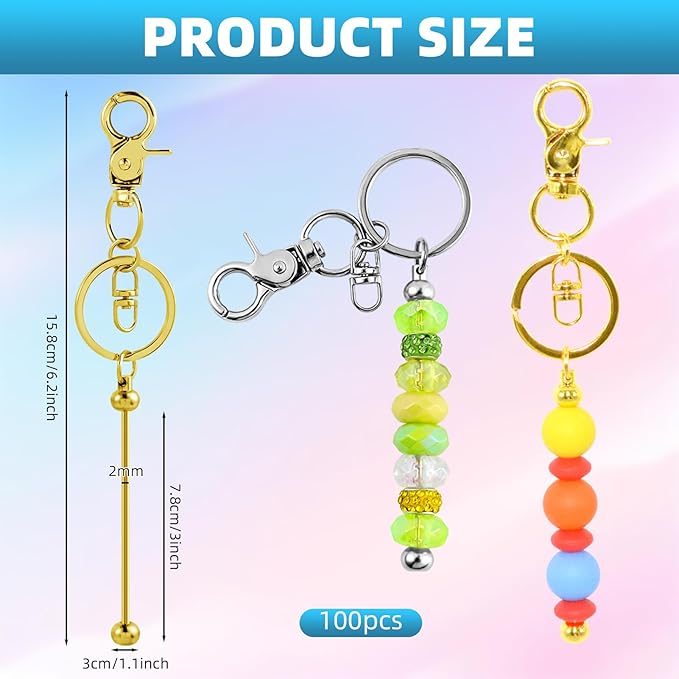 100 Pcs Beadable Keychains Bulk Kit – DIY Keychain Making Supplies with Metal Blanks for Crafts, Jewelry, Charms, Custom Projects – Blank Chain Bars for Beaded Keychain Design (Gold + Silver)