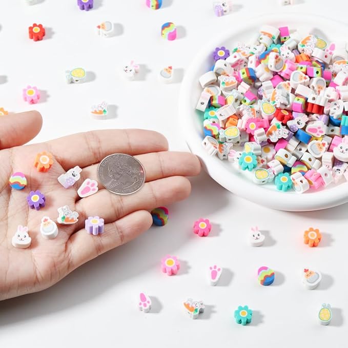 Easter Polymer Clay Bead for Bracelets, 300 Pieces Easter Beads Assorted Bunny Chick Egg Flower Shapes Beads Necklace Jewelry Making DIY Crafts