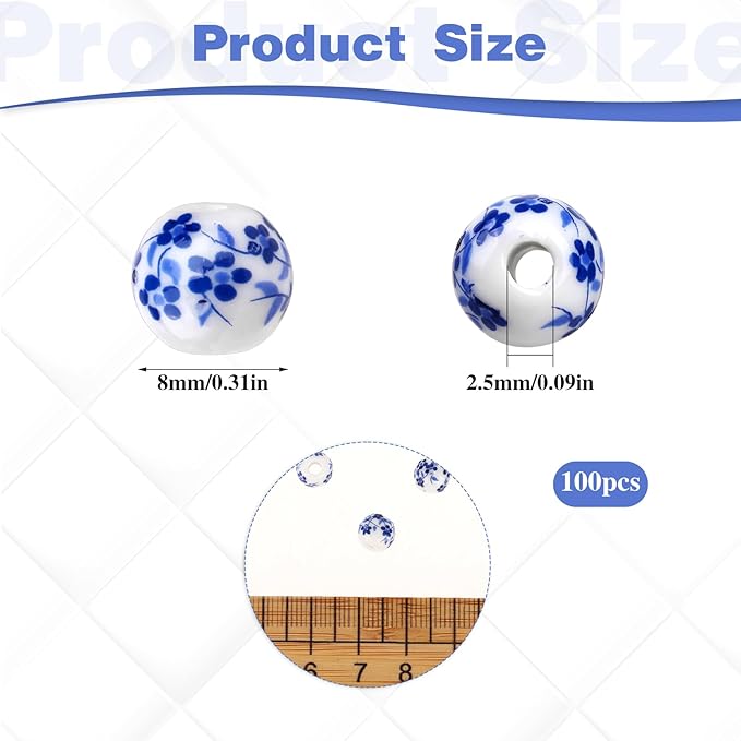 Ceramic Beads, 100Pcs Round Porcelain Beads 8 mm Blue Flower Printed Spacer Beads Handmade Porcelain Craft Beading Kit for Jewelry Making Supplies DIY Crafts Bracelets Necklace
