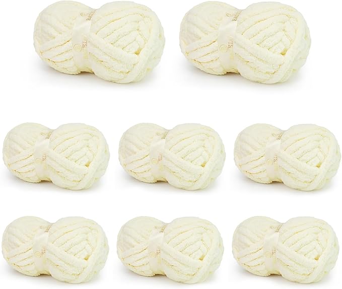 Chunky Yarn for Hand Knitting, Chunky Chenille Blanket Yarn for Crocheting, Bulky Soft Fluffy Chenille for Blanket Project, 8 Pack of 8oz/25yds, Milk White