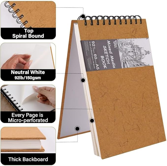 5.8" x 8.3" Mixed Media Sketch Book,Spiral Bound Hardcover Sketchbook,60 Sheets 92lb/150gsm Neutral White Acid Free Paper,Art Journal Sketchbook for Drawing Writing Sketching Illustration,Turmeric