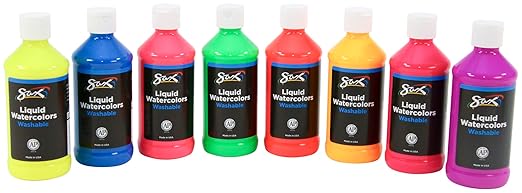 Sax Liquid Washable Watercolor Paint for School and Arts and Crafts Use, Assorted Fluorescent Colors, 8 Ounce Bottles, Set of 8