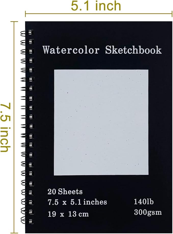 Set of 2, Each with 20 Sheets, 7.5 x 5.1 Inches, 140 lb Cold Press Watercolor Paper, 1150 GSM Black Hard Cover, Spiral Bound, White Pages for Drawing and Painting
