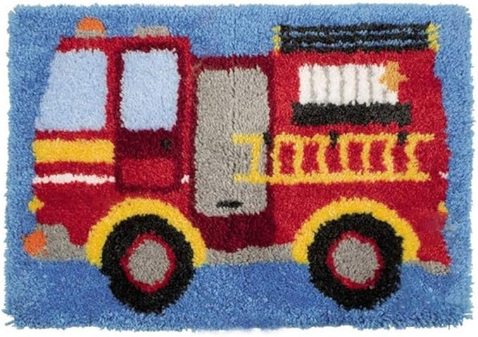 LAPATAIN Latch Hook Kits DIY Crochet Yarn Kits,Fire Truck Carpet Embroidery Hook Rug Kit Needlework Sets Cushion for Adults Home Decor 20x15inch