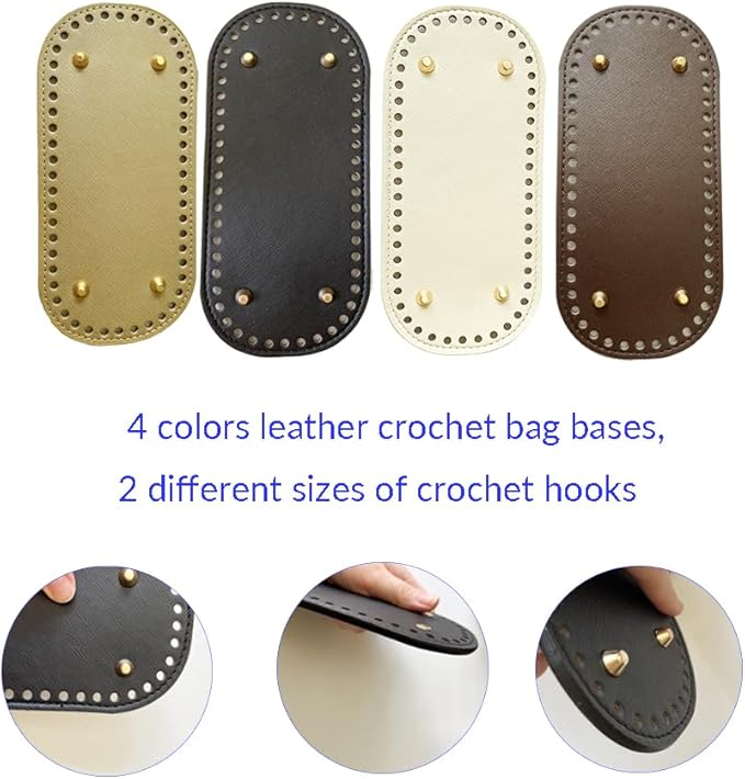 4 Pcs Leather Crochet Bag Bases, 8 Pcs D Shape Purse Handles with 2 Size Crochet Hooks for DIY Bags Craft Making
