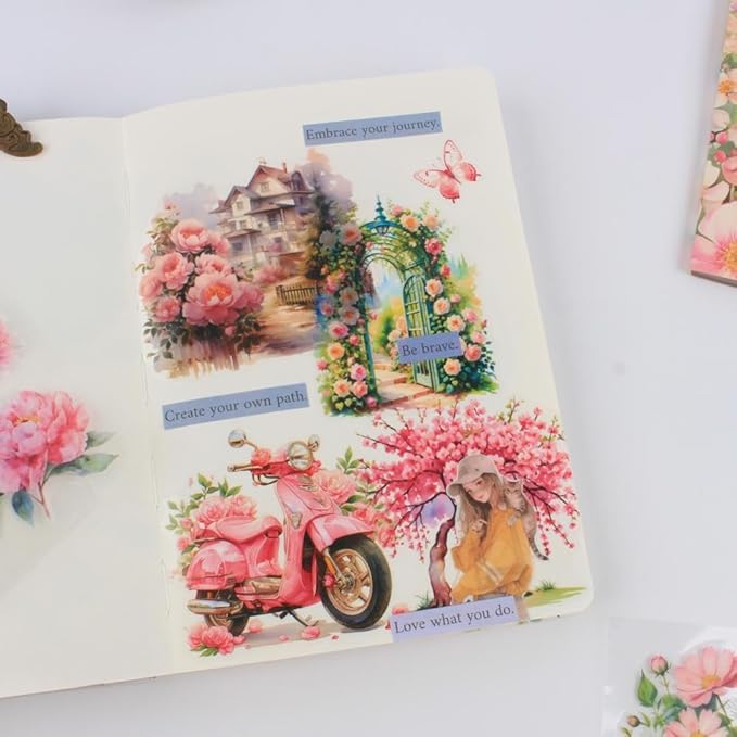 30 Sheets Precut Pink Garden Landscape Stickers Book for Junk Journal Supplies, Transparent PET Stickers for Journaling, Scrapbooking, Bujo, Collage, Card Making