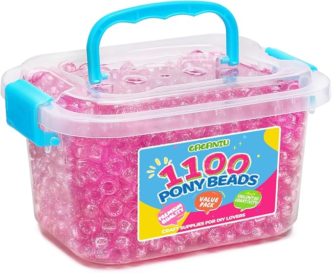 gaganiu pony beads 1100+ pcs – glitter-pink plastic kandi beads in jar for bracelets, hair braids, jewelry making & diy crafts