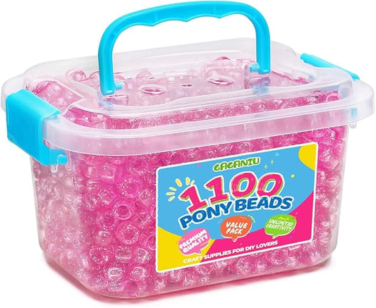 gaganiu pony beads 1100+ pcs – glitter-pink plastic kandi beads in jar for bracelets, hair braids, jewelry making & diy crafts