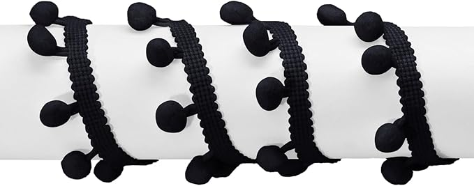 Homiest 10 Yards Pom Pom Trim for Sewing, 1 Inch Wide Black Ribbon Bundles Textured Fabric Fringe Ribbon, 13mm Ball Pompom Trim for DIY Crafts Curtain Clothes Pillow Home Decoration