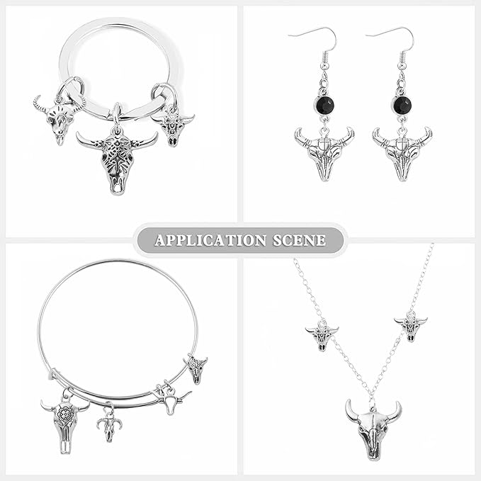 DanLingJewelry 100Pcs 10 Styles Antique Silver Cow Charms Western Cattle Head Charms for Jewelry Craft Making