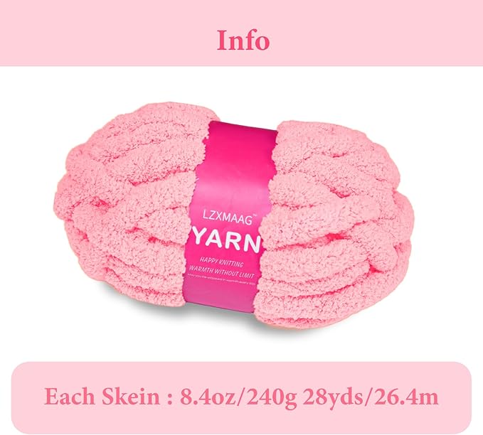Chunky Yarn for Hand Knitting and Blankets – Super Soft Jumbo Chenille Yarn Pack for Crocheting, Bulky DIY Projects, 8 Skeins(Pink)