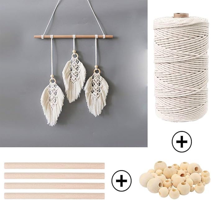 zxcdino 87pcs macrame kits for beginners 3mm x 220yards natural cotton macrame cord wall hanging kit, macrame supplies best for macrame plant hanger with wooden beads,wooden rings