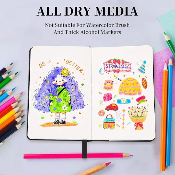 Hardcover 96Pages Blank Sketch Book for Drawing, Small 5.7x4.1 Pocket Journal Notebook for Travel, 180gsm Thick Paper Diary Notebooks for Work, PU Cover Memo for Writing. Black