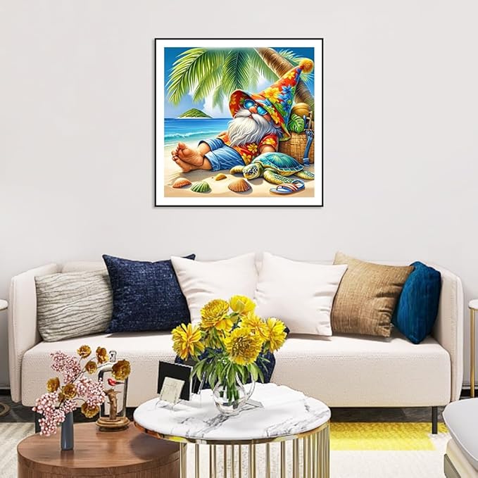 AMORARS Gnome Diamond Painting Kit for Adults, 5D Beach Gnome Diamond Art Beginners - DIY Full Diamond Dot Gem Art Paintings, Gifts,Suitable Home Wall Arts and Craft Paint Kits, 12x12Inch