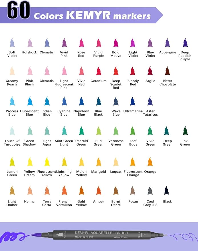Markers for Adult Coloring Books: 60 Color Dual Tip Fine & Brush Pens Water-Based Coloring Marker for Adults Drawing Sketching Bullet Journal Writing Lettering No bleeding
