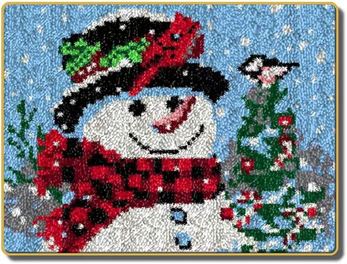 Howie's Latch Hook Kits for Adults, DIY Christmas Latch Hook Kit Rug Crochet Yarn, Color Preprinted Pattern Embroidery Decoration (Black Hat Snowman, 20.47 x 14.96 inch)