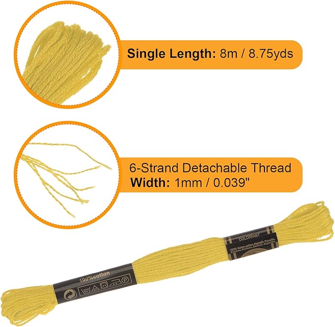 HARFINGTON 12 Skeins Embroidery Floss 8.75yds(8m) Egyptian Long-Staple Cotton Cross Stitch Thread for Sewing DIY Bracelet Yarn String and Crafts, Bright Yellow(6018)