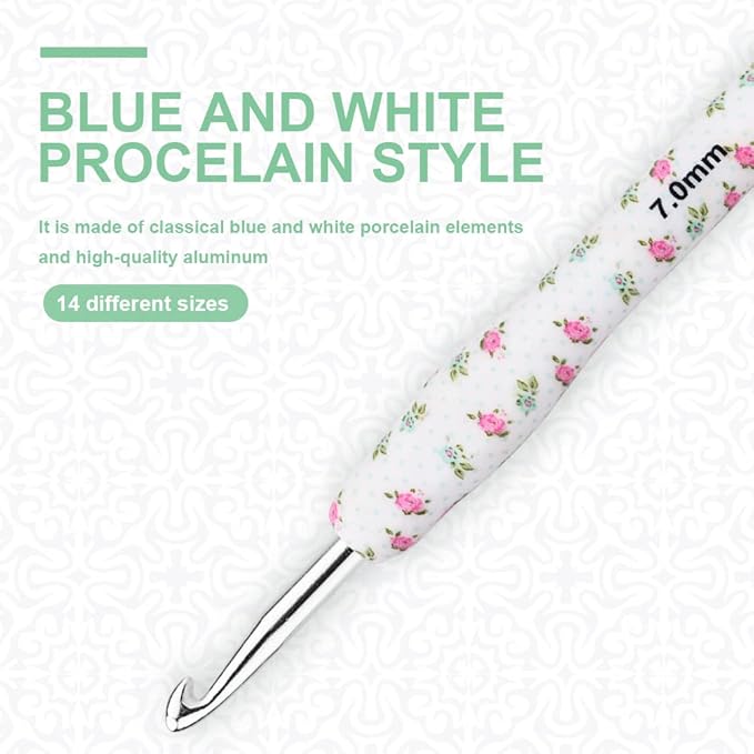 BCMRUN Crochet Gifts, 14pcs Flower Pattern 2.25mm-10mm Soft Grip Metal Crochet Hooks for Crocheting & Knitting, Weave Yarn Craft Kits (White)