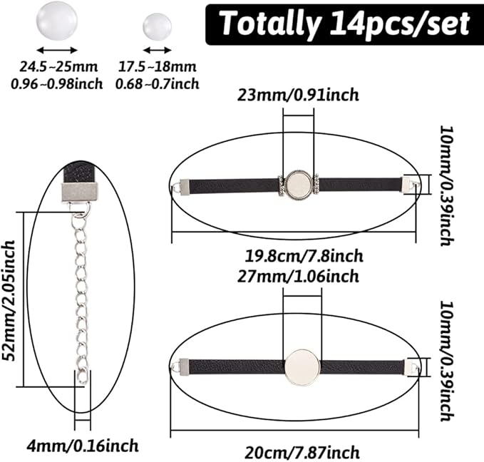 FASHEWELRY 14Pcs PU Leather Cord Bracelet Bezel Tray Blank Flat Round Cabochon Settings Bezel Tray Watch Bands Base Tray Bracelet Blanks with Glass Cabochons for Jewelry Making