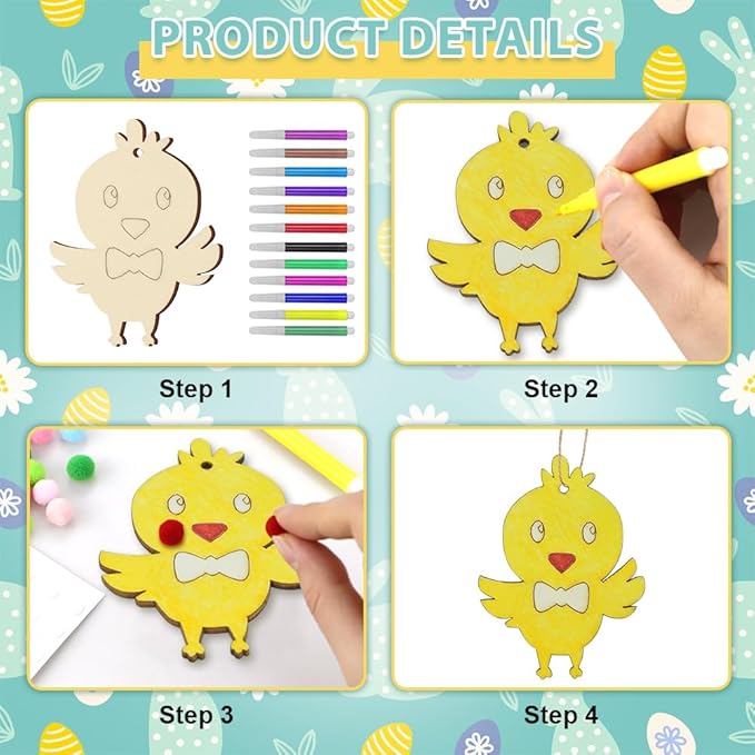 SDTHNT 60 PCS Wooden Easter Ornaments to Paint, 12 Styles DIY Unfinished Wood Crafts Kit with Strings, Colored Bells for Crafts Hanging Decorations, Egg Rabbit Bunny Butterfly Flower Hen Happy Easter
