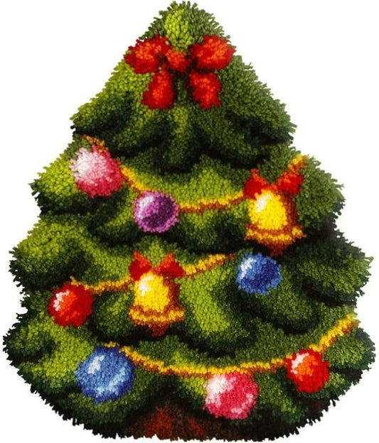 LAPATAIN Latch Hook Kits DIY Crochet Yarn Kits,Christmas Tree and Bells Carpet Embroidery Hook Rug Kit Needlework Sets Cushion for Adults Home Decor 20.5x15inch