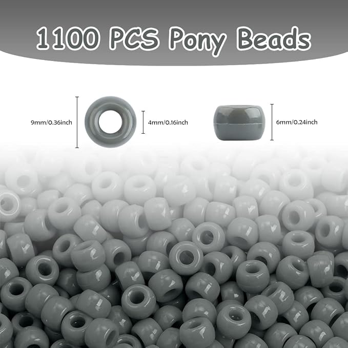 pony beads bulk 1100 pcs, beads for jewelry making, bead for bracelets making, hair bracelet plastic bead for crafts for braids for girls (dark grey)