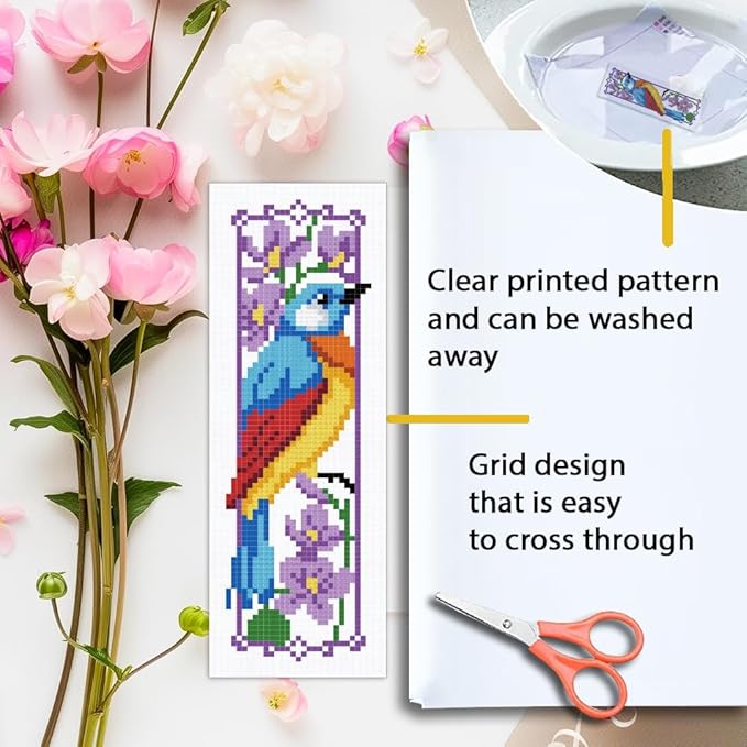 ORIGACH 6 Set Bird and Flower Cross Stitch Bookmark Kit for Beginners Stamped Embroidery Kit Include Backing Felt and Instruction Beginner Cross Stitch Kits for Adults