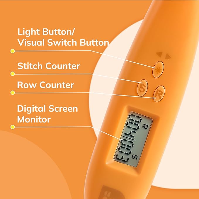 PP OPOUNT 18 Sizes Light Up Crochet Hook Set (2.0–14.0mm) - Plastic Rechargeable Lighted Hooks with LED & Digital Counter, Sliver Crochet Tools and Orange Counting Crochet Hook（Ambidextrous