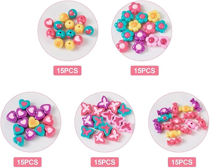 FASHEWELRY 75Pcs Acrylic Heart Flower Butterfly Beads Assorted Pastel Pony Beads Candy Colors Spacer Loose Beads for Jewelry Making Key Chains Bracelet Necklace
