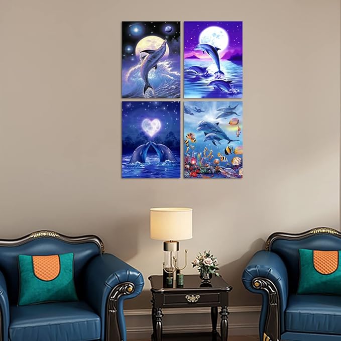 Muzagroo Art 4 Pack Diamond Paintings Kits for Adults 5D Diamond Art DIY with Round Full Drill Diamonds for Beginners Dolphins Diamond Wall Art for Living Room