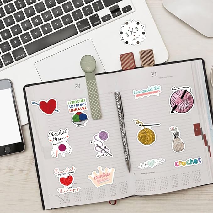 Retro Crochet Stickers,100 Pcs Cute Knitting Tool Decals, Waterproof Vinyl Stickers for Craft Journals, Sewing Boxes, Home Decor, Ideal for Crafters Adults(Crochet)