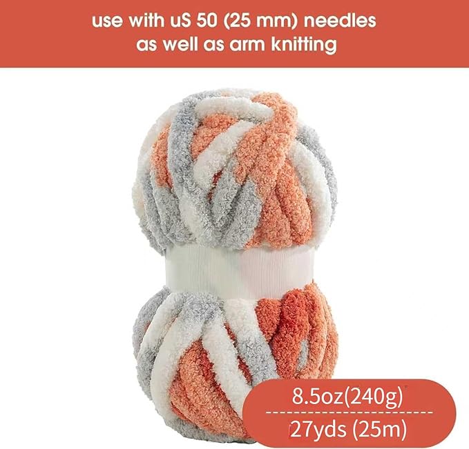 Chunky Chenille Yarn for Hand Knitting 8 Jumbo Pack Jumbo Chunky Yarn for Hand Soft Blanket Knitting, Bulky Thick Fluffy Yarn for Crocheting (Grapefruit Color)