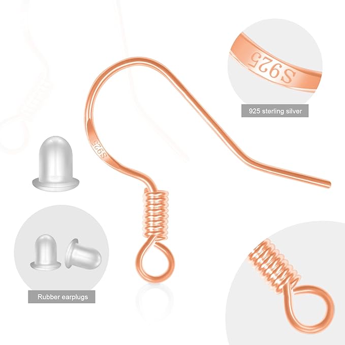 menkey 925 sterling rose gold earring hooks 120 pcs/60 pairs hypoallergenic ear wires fish hooks for jewelry making, jewelry findings parts with 120 pcs rubber earring backs stopper for diy earrings