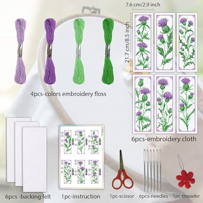 ORIGACH 6 Set Cirsium Cross Stitch Bookmark Kit for Beginners Include Cotton Thread, Aida Cloth, Backing Felt and English Instructions, Embroidery Bookmark Kit for Book Lovers