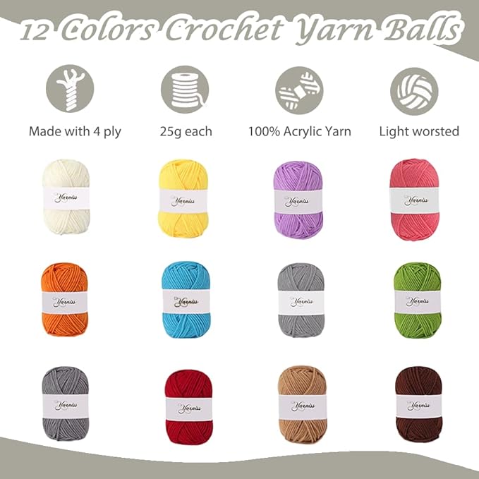 yarniss crochet kit for beginners - 840 yards crochet yarn and 14 sizes (2.0-10.0mm) ergonomic hooks with organizer bag, all inclusive crocheting & knitting set for adults