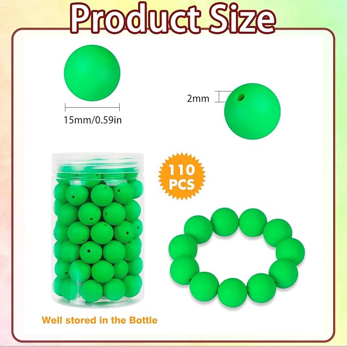 110 Pcs Silicone Focal Beads, EVERMARKET 15mm Silicone Beads for Keychain Making, Round Silicone Beads Bulk with Bottle, Rubber Loose Beads for Pens Crafts Necklace Bracelet Lanyard (Christmas Green)