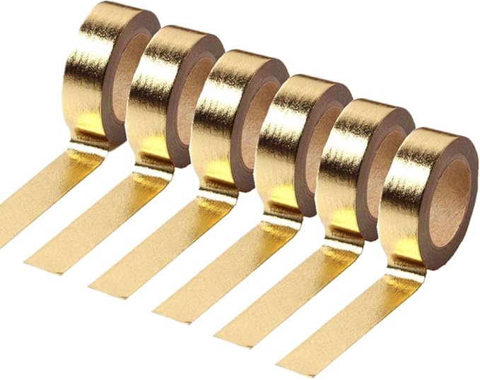 MEI YI TIAN 6 Rolls Solid Gold Foil Washi Tape Set 15mmx10m Gilding Paper Adhesive Masking Tapes Sticky Paper Tape Roller for DIY Scrapbooking Journal Crafts Art Home Decoration