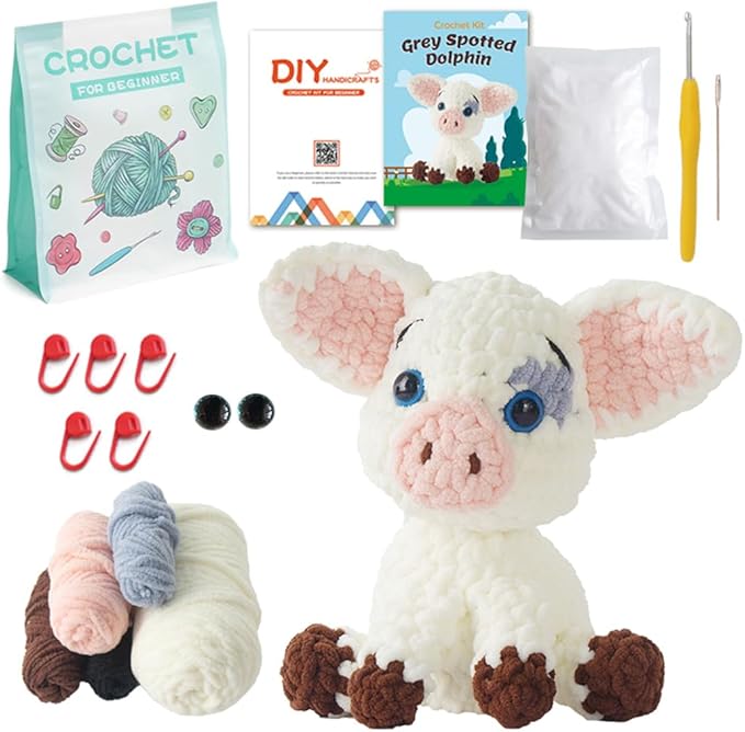 Linhao Jew Crochet Kit for Beginners – Knitting Kits Cute Animal Kitten Keychain with Pre-Started Easy Yarn, Step-by-Step Video Tutorials for Adults & Kids DIY Crafts (Pig)