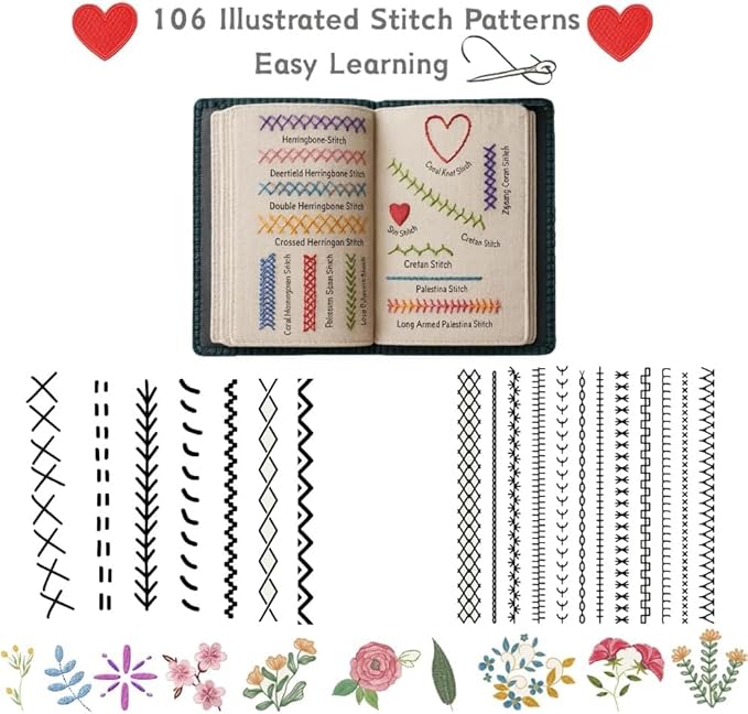 BEBIR New DIY Embroidery Stitch Book Kit,Gift for Craft Lovers,Includes Illustrated Guide to 106 Universal Embroidery Stitches with Free Tutorials and 86-Piece Sewing Tool Kit
