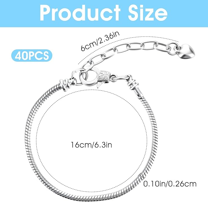 40 Pcs Snake Chain Charm Bracelet Adjustable Snake Charm Bracelet with Heart Lobster Clasp Extender Chain for Women Jewelry Making DIY Gifts Supplies