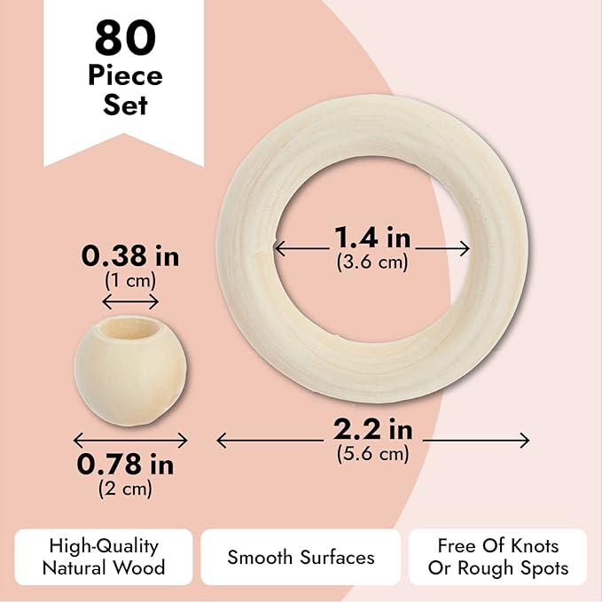 Bright Creations Set of 50 Wooden Beads and 30 Rings for Macrame, DIY Pendant Connectors, Wall Hanging Craft (2.2 in/20mm)