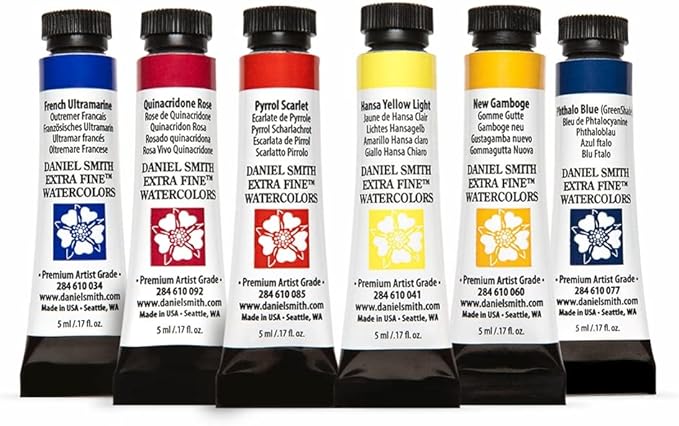 DANIEL SMITH 285610005 Extra Fine Essentials Introductory Watercolor, 6 Tubes, 5ml, Blue/Transparent/Yellow, 0.17 Fl Oz (Pack of 6)