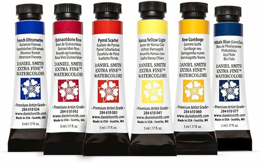 DANIEL SMITH 285610005 Extra Fine Essentials Introductory Watercolor, 6 Tubes, 5ml, Blue/Transparent/Yellow, 0.17 Fl Oz (Pack of 6)