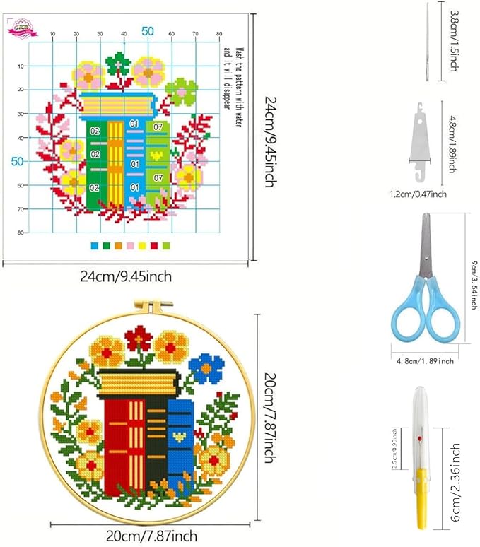 Zhenqing 4 Themes Cross Stitch Kit Set - 11CT 9.45x9.45Inch, Coffee/Books/Cats/Floral Designs, DIY Embroidery Kit with Full Tools (Hoops, Scissors, Tassels) & Guide, Cozy Home Decor Gift(69601)