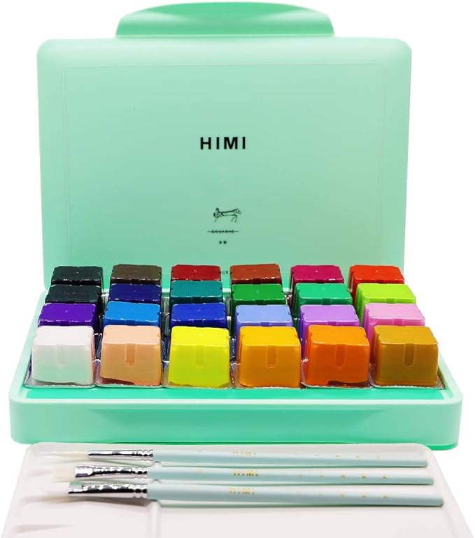 HIMI Gouache Paint Set, 24 Colors x 30ml/1oz with Brushes & Palette, Jelly Cup Design, Non-Toxic, Perfect for Beginners, Students, Artists(Green)