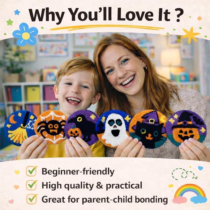 Halloween Punch Needl Kit for Adults Beginners, Easy Embroidery Punch Coaster Starter Set with Instruction – Fun Needle Point Craft for Table Decor & Festival DIY Gifts (6pcs Spooky)