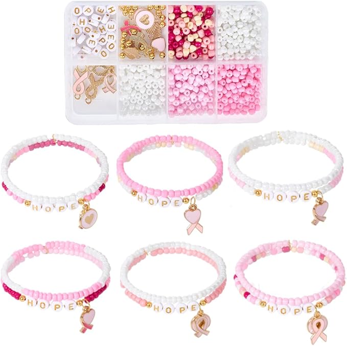 SUNNYCLUE 1 Box About 680Pcs DIY 6 Sets Breast Cancer Awareness Bracelets Pink Bracelet Making Kits Alphabet Ribbon Heart Letter Charms for Jewelry Making Kit Supplies Women Beginners Adult Starter