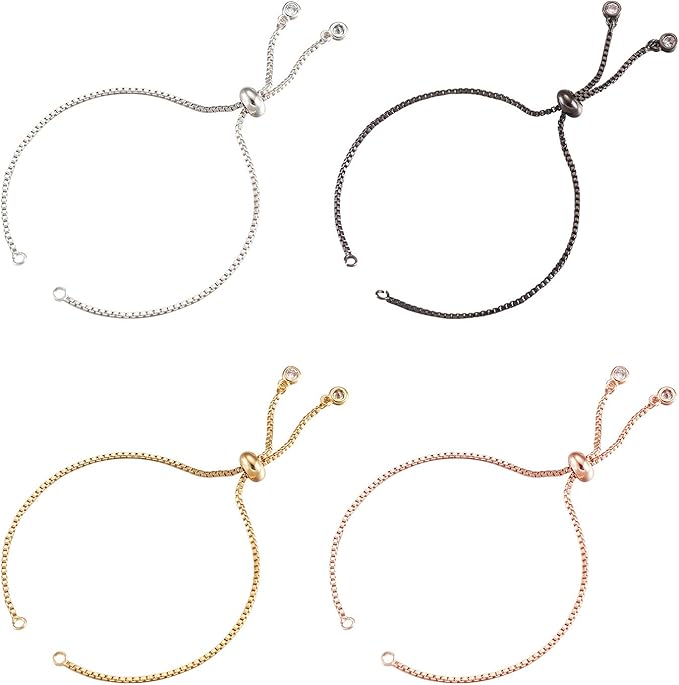 FASHEWELRY 10 Strands Adjustable Brass Bracelet Slider Extender Chains with Cubic Zirconia Ends 4-3/8" to 4-3/4"(110~120mm) Metal Plated for DIY Jewelry Making (Random Mixed Colors)